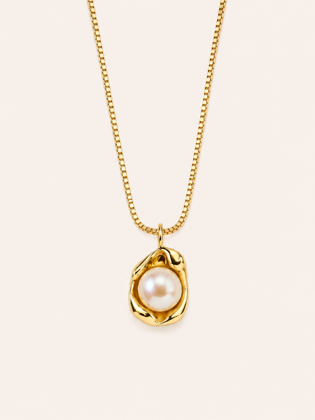 Organic gold pearl pendant necklace on a delicate chain, minimalist everyday jewellery in 14K gold plated finish by Soft Sunday Co.