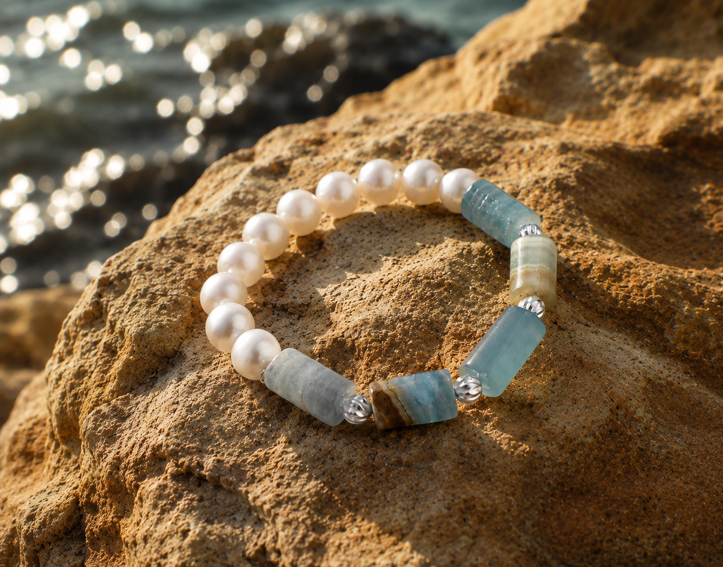 Cove blue apatite and freshwater pearl bracelet by MULAVEI on sandstone. jpg