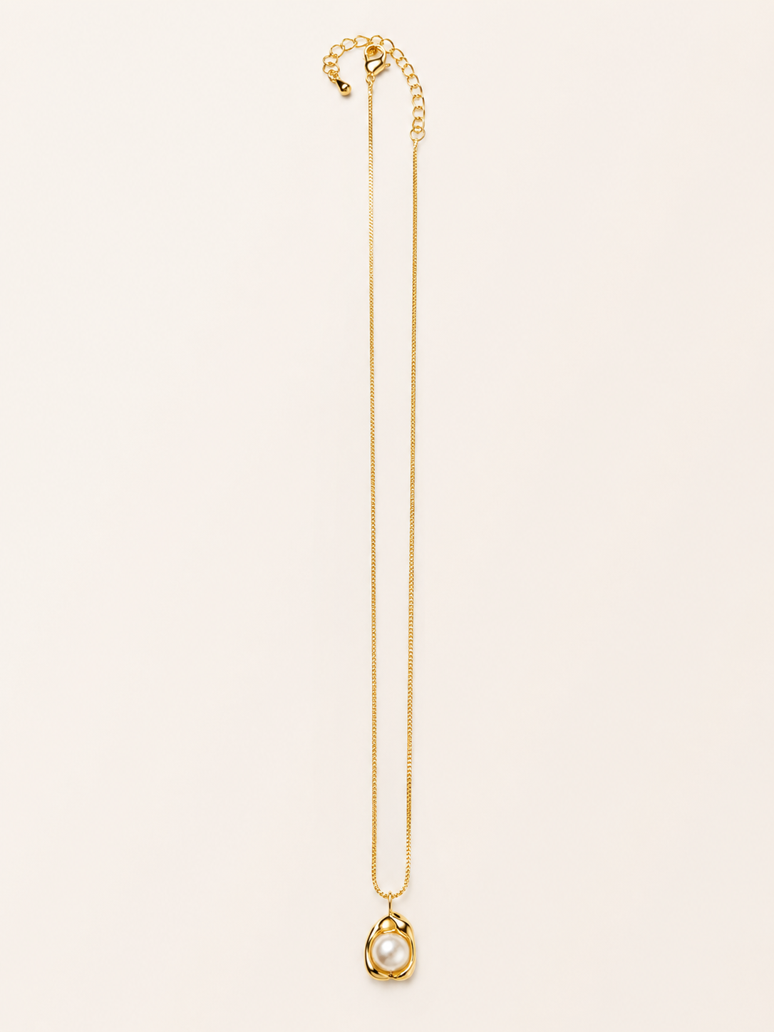 Organic gold pearl pendant necklace on a delicate chain, minimalist everyday jewellery in 14K gold plated finish by Soft Sunday Co.