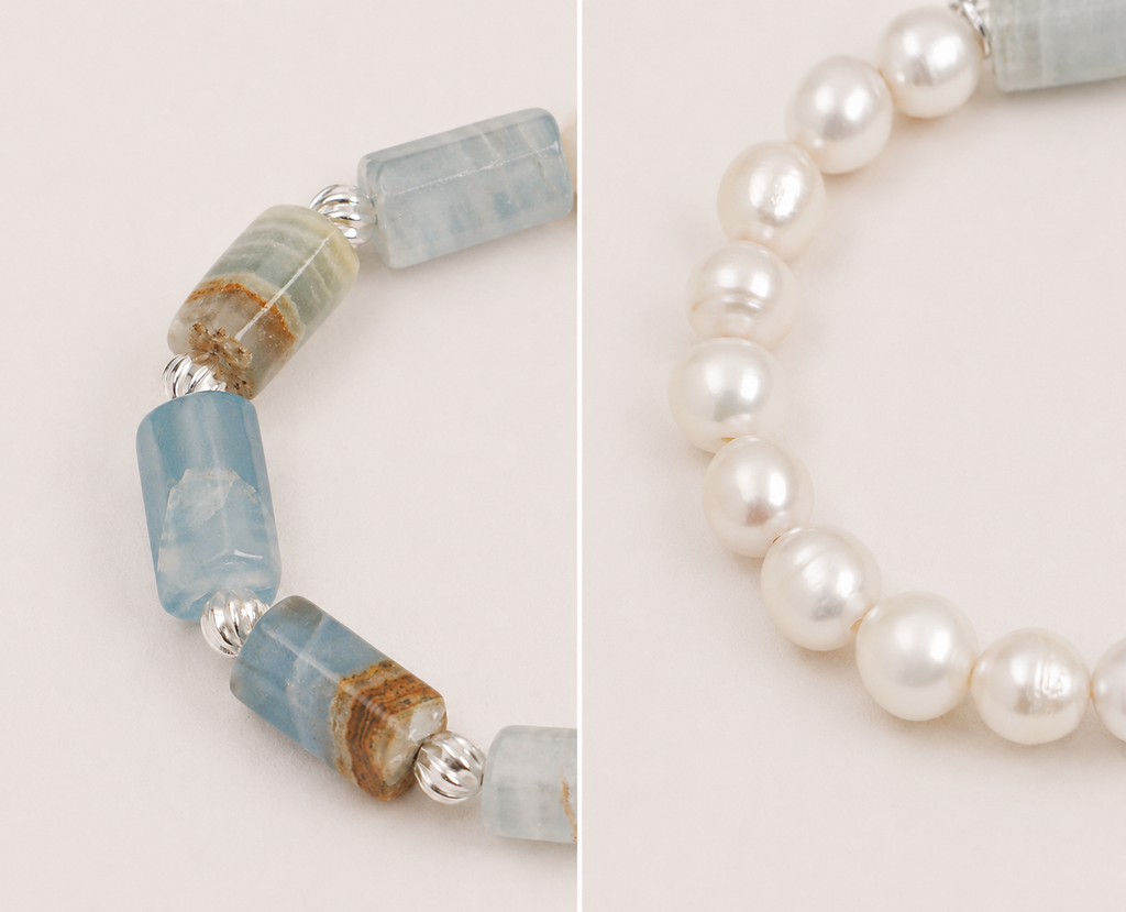 Natural blue apatite, freshwater pearl and sterling silver details on Cove bracelet.jpg