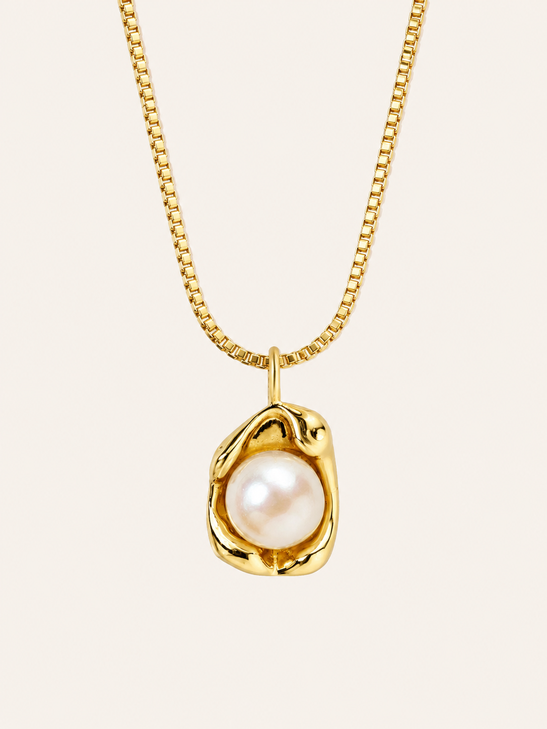Organic gold pearl pendant necklace on a delicate chain, minimalist everyday jewellery in 14K gold plated finish by Soft Sunday Co.