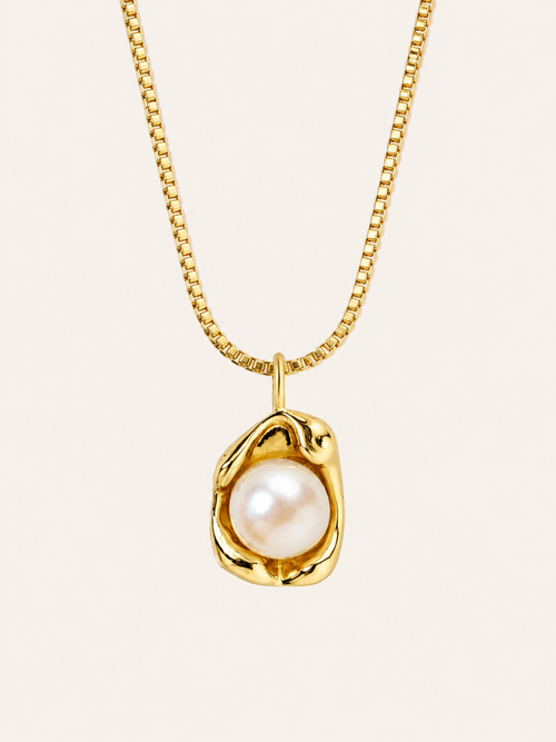 Organic gold pearl pendant necklace on a delicate chain, minimalist everyday jewellery in 14K gold plated finish by Soft Sunday Co.