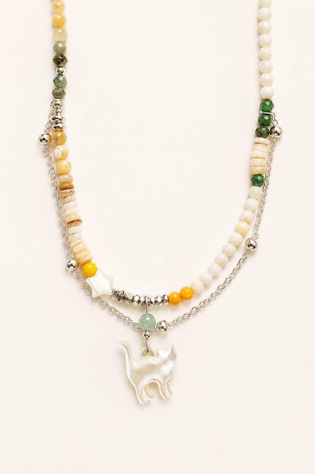 Front view of handmade pearl cat charm necklace featuring natural gemstone beads and a mother of pearl cat pendant.